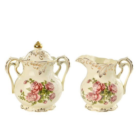 Flowering Shrubs Pattern Golden Leaves Porcelain Sugar and Creamer Bowl Set