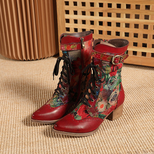 Autumn And Winter New Pointed Middle Heel Boots Retro Red Women'S Shoes