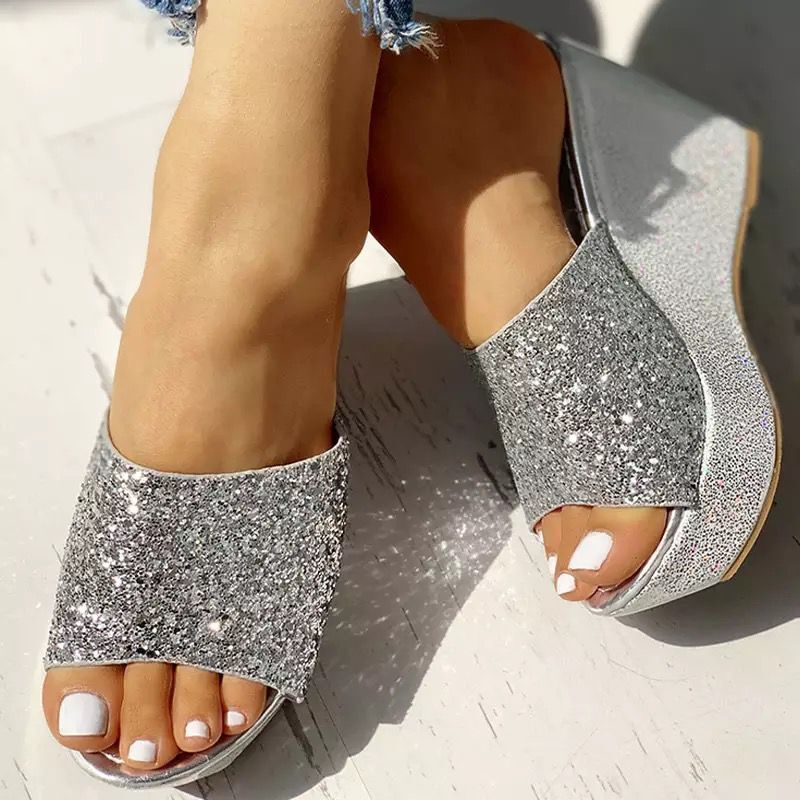 Flat Wedge Sandals With Fish Mouth Women's Summer Sequined Sandals Women