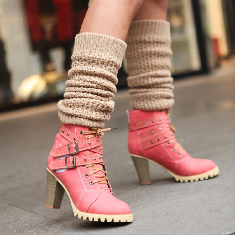 Punk Women'S Retro Ankle Boots With Buckle Straps And Thick Heel Laces