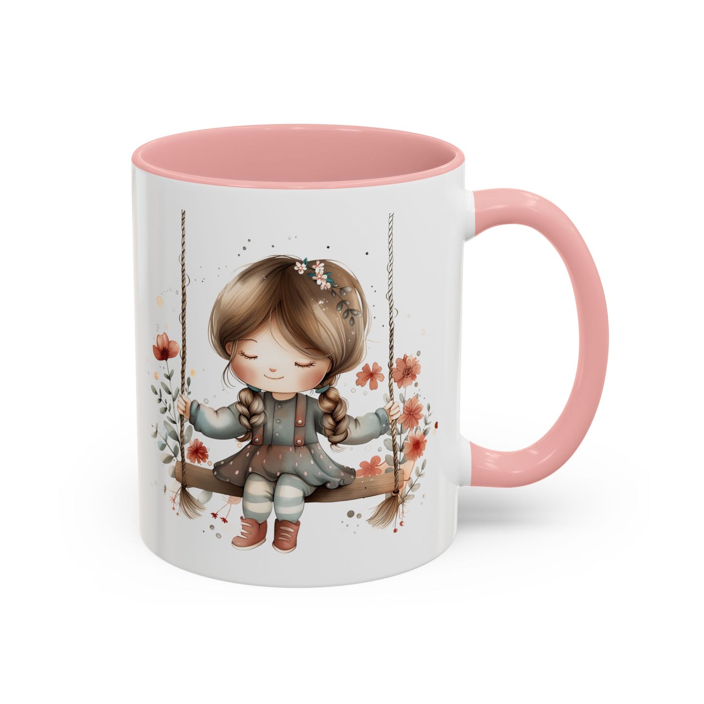 Whimsical Swinging Girl Coffee Mug - Cute Gift for Coffee Lovers, Home Decor, Spring Vibes, Floral Design, Girly Kitchen Accessory