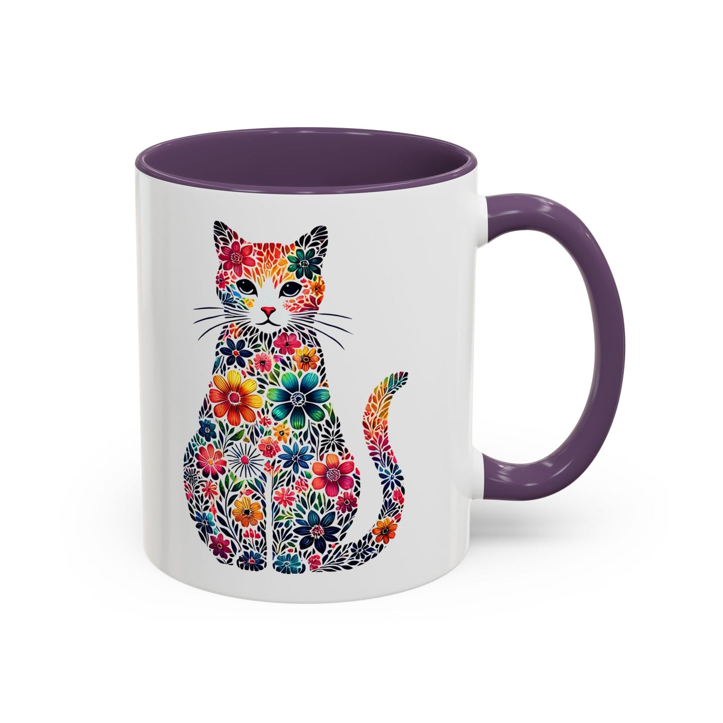 Floral Cat Coffee Mug, Colorful Cat Lover Mug, Gift for Cat Owners, Cat-Themed Kitchenware, Unique Animal Mug, Cozy Beverage Cup