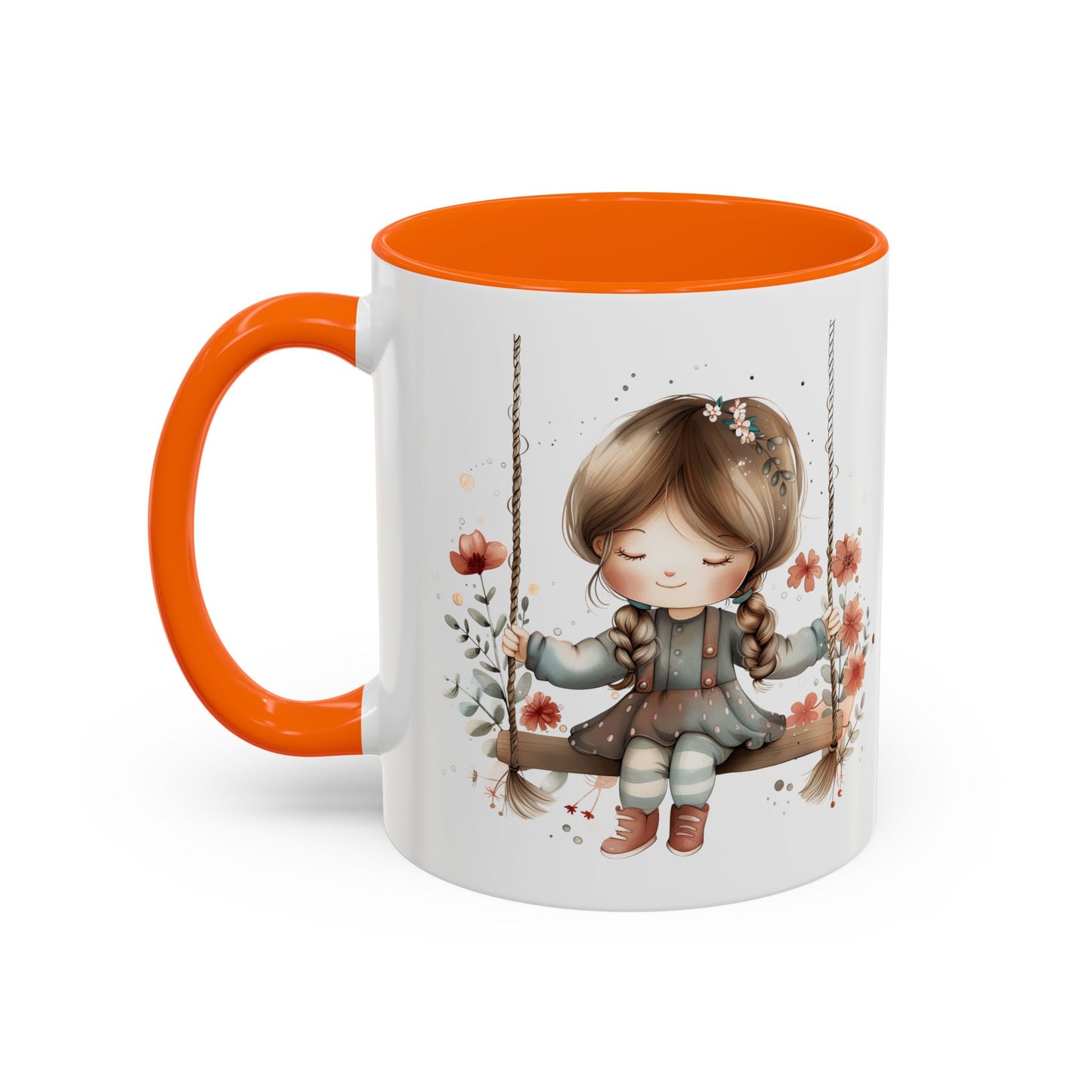 Whimsical Swinging Girl Coffee Mug - Cute Gift for Coffee Lovers, Home Decor, Spring Vibes, Floral Design, Girly Kitchen Accessory