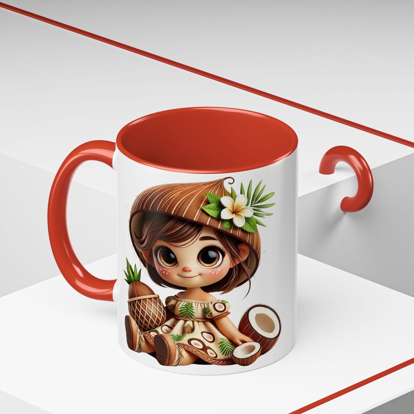 Tropical Kid's Accent Coffee Mug - Cute Animated Design with Pineapple & Coconut