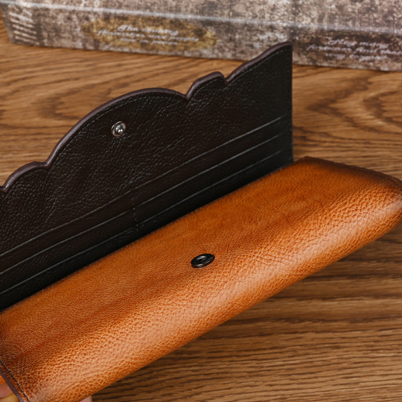 Portefeuille en cuir de vachette long style chinois, porte-monnaie en cuir de vache | grande capacité | sac à trois plis | portefeuille rétro