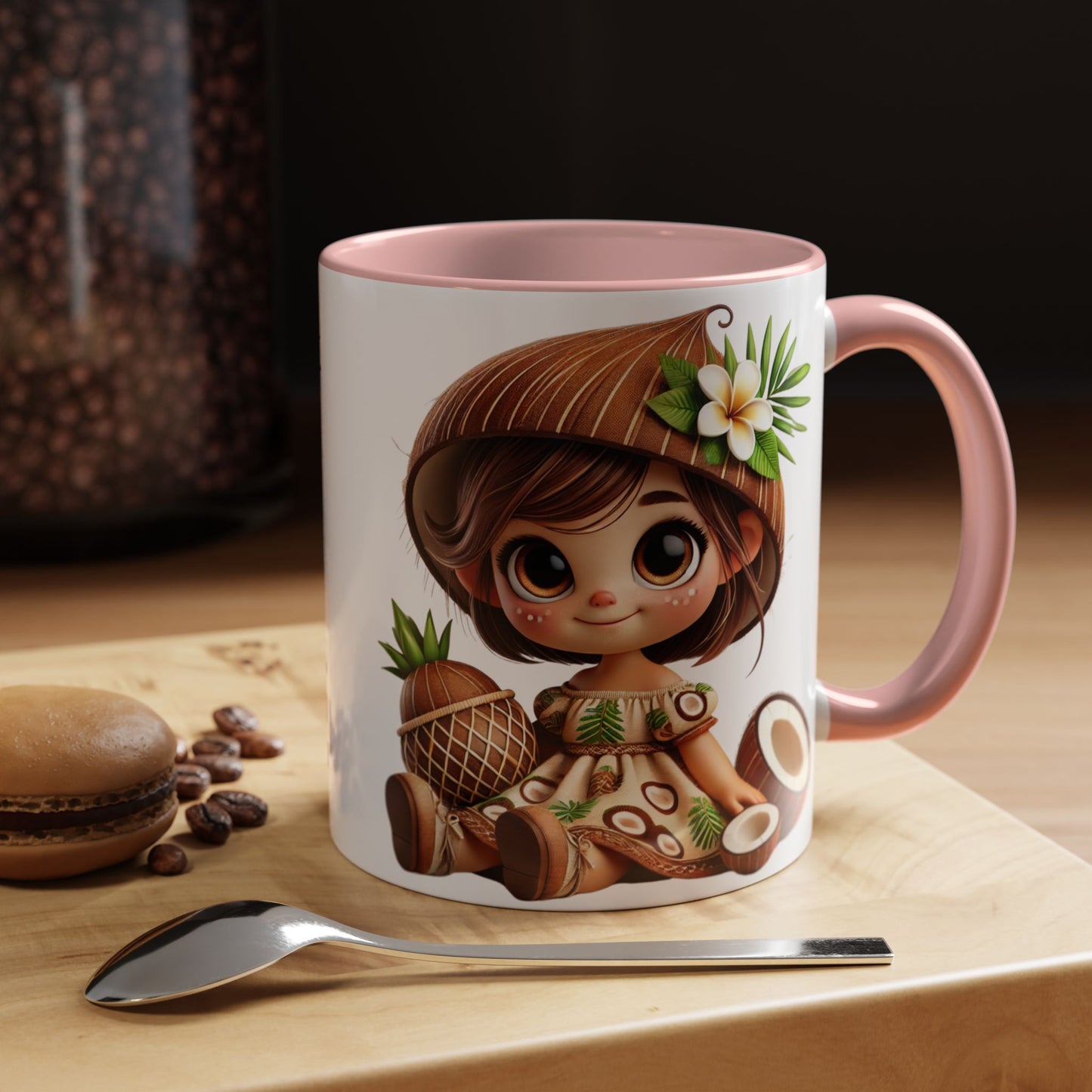 Tropical Kid's Accent Coffee Mug - Cute Animated Design with Pineapple & Coconut