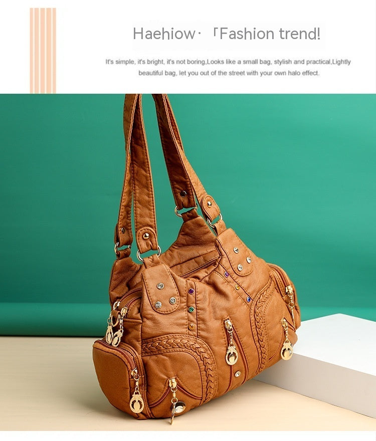 Colored Mosaic Large Capacity Multi-layer Washed Leather Handbag