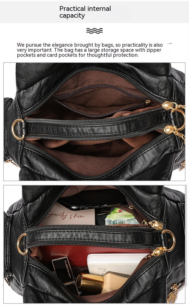 Colored Mosaic Large Capacity Multi-layer Washed Leather Handbag