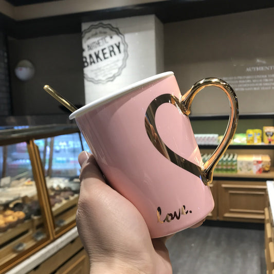 Creative love coffee mug female ceramic spoon with lid