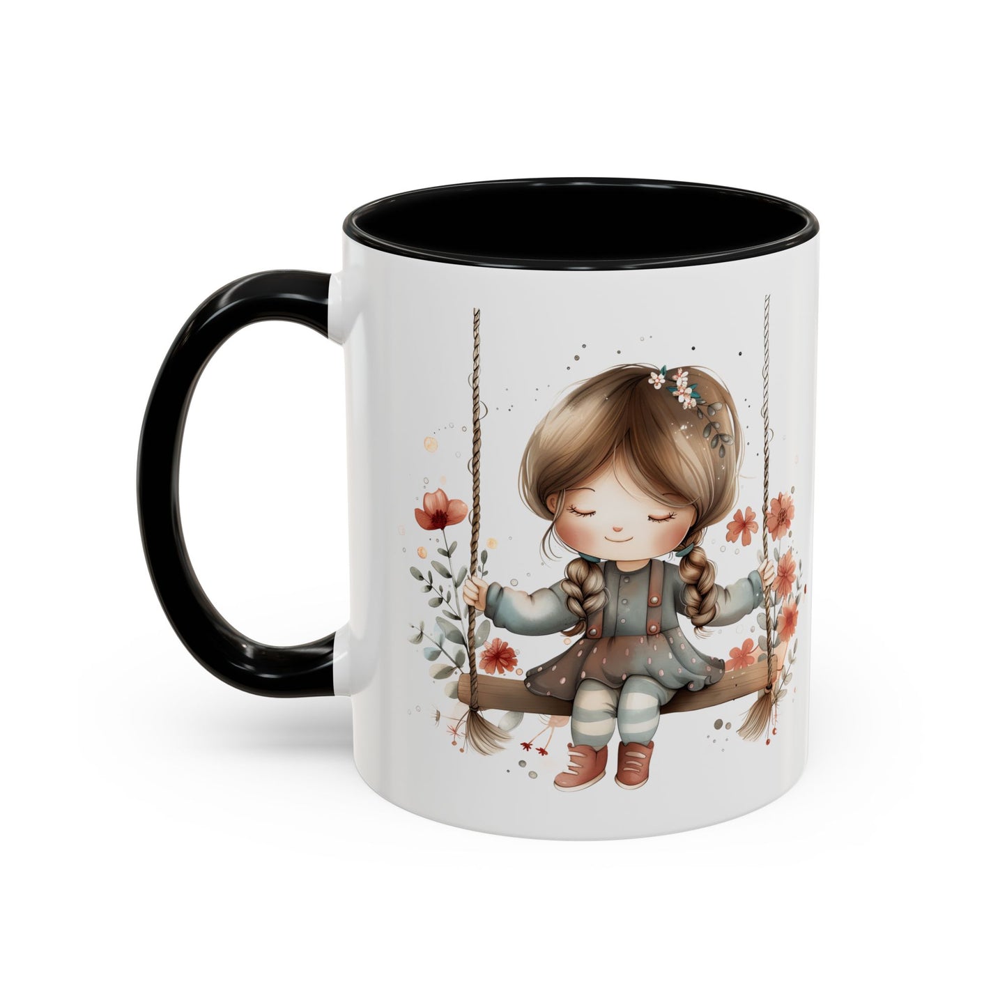 Whimsical Swinging Girl Coffee Mug - Cute Gift for Coffee Lovers, Home Decor, Spring Vibes, Floral Design, Girly Kitchen Accessory