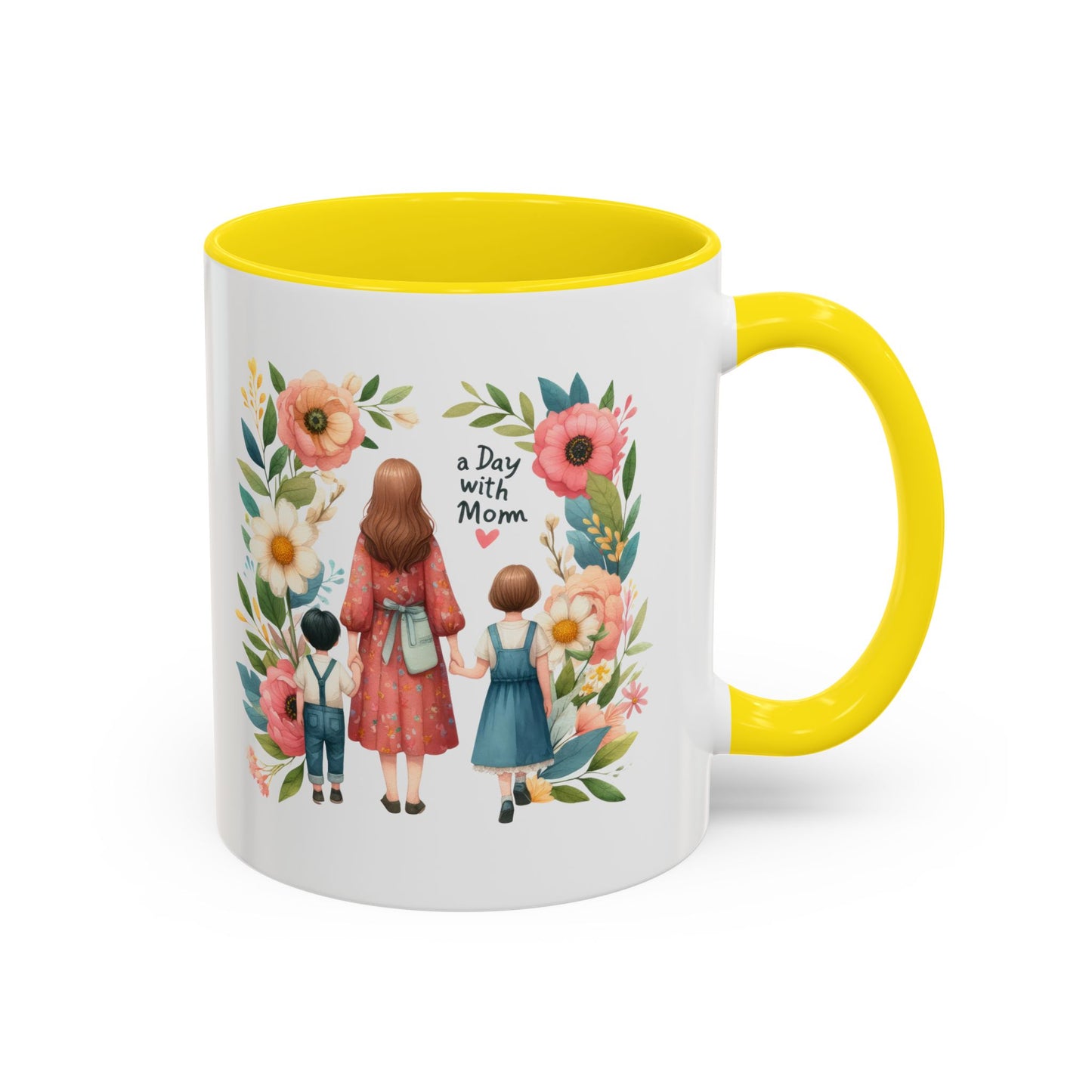 A Day with Mom Accent Coffee Mug - Floral Design, Gift for Mom, Mother's Day, Family Moments, Coffee Lover