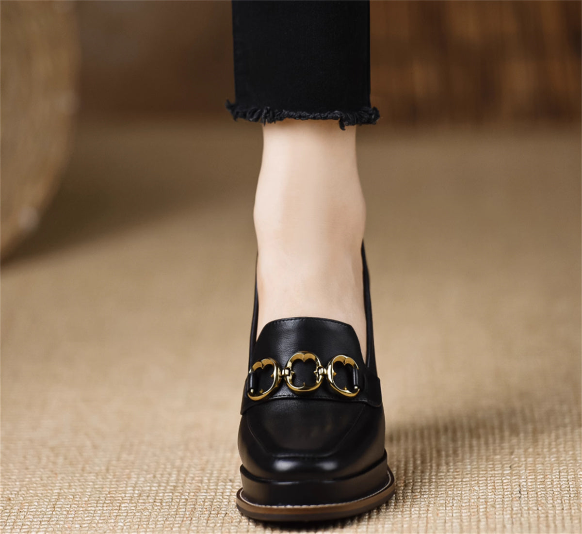 Women's Brown Thick-heeled Sheepskin Shoes