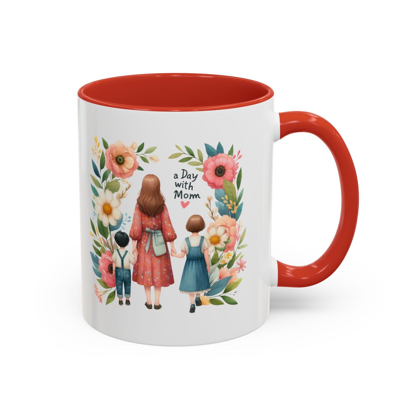 A Day with Mom Accent Coffee Mug - Floral Design, Gift for Mom, Mother's Day, Family Moments, Coffee Lover