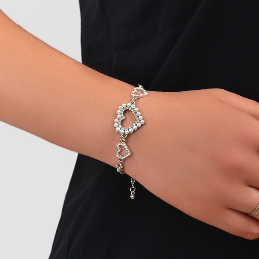 Luxurious Rhinestone Pearl Decor Heart Charm Silver Chain Bracelet for Wedding-0