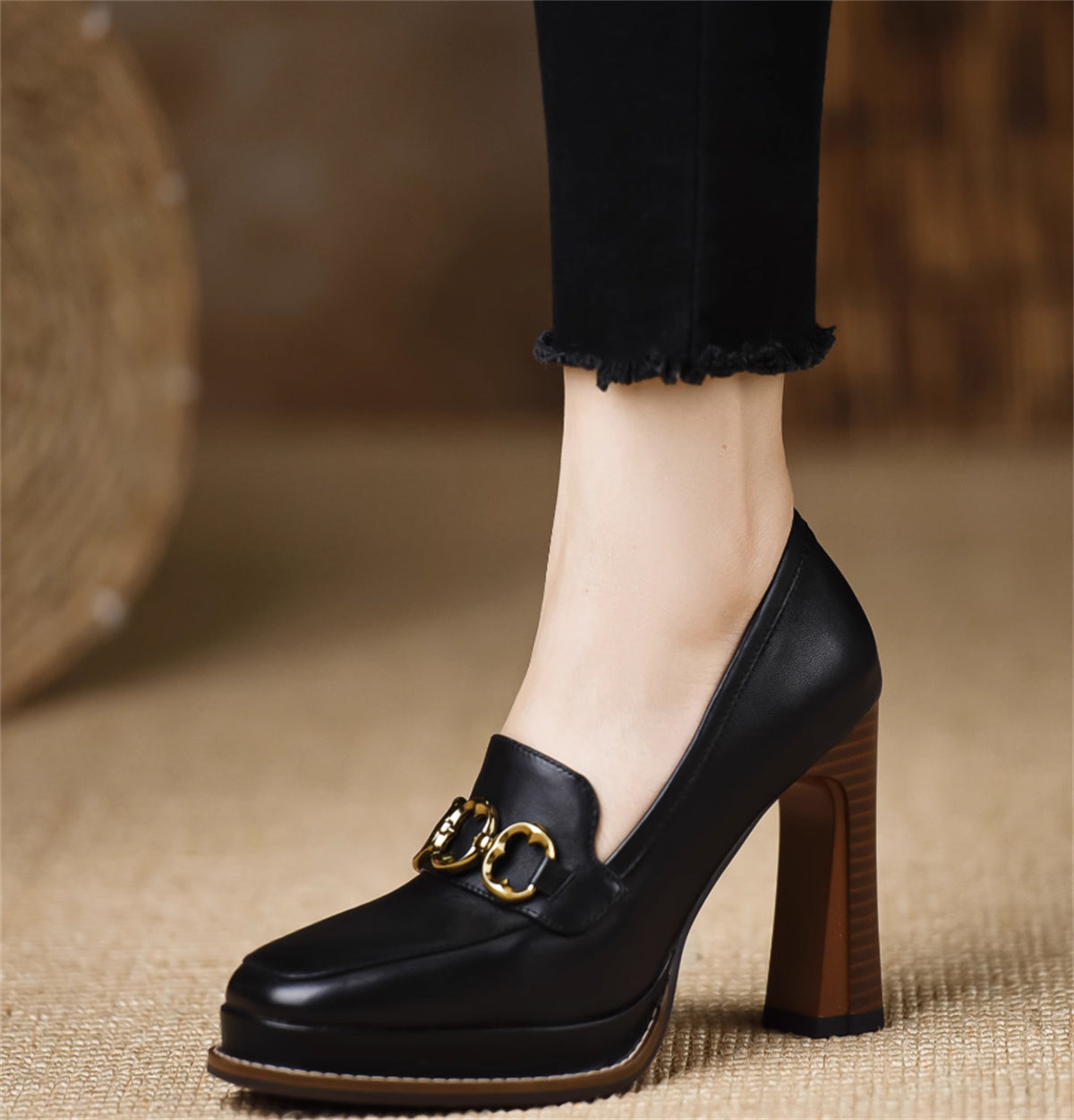 Women's Brown Thick-heeled Sheepskin Shoes