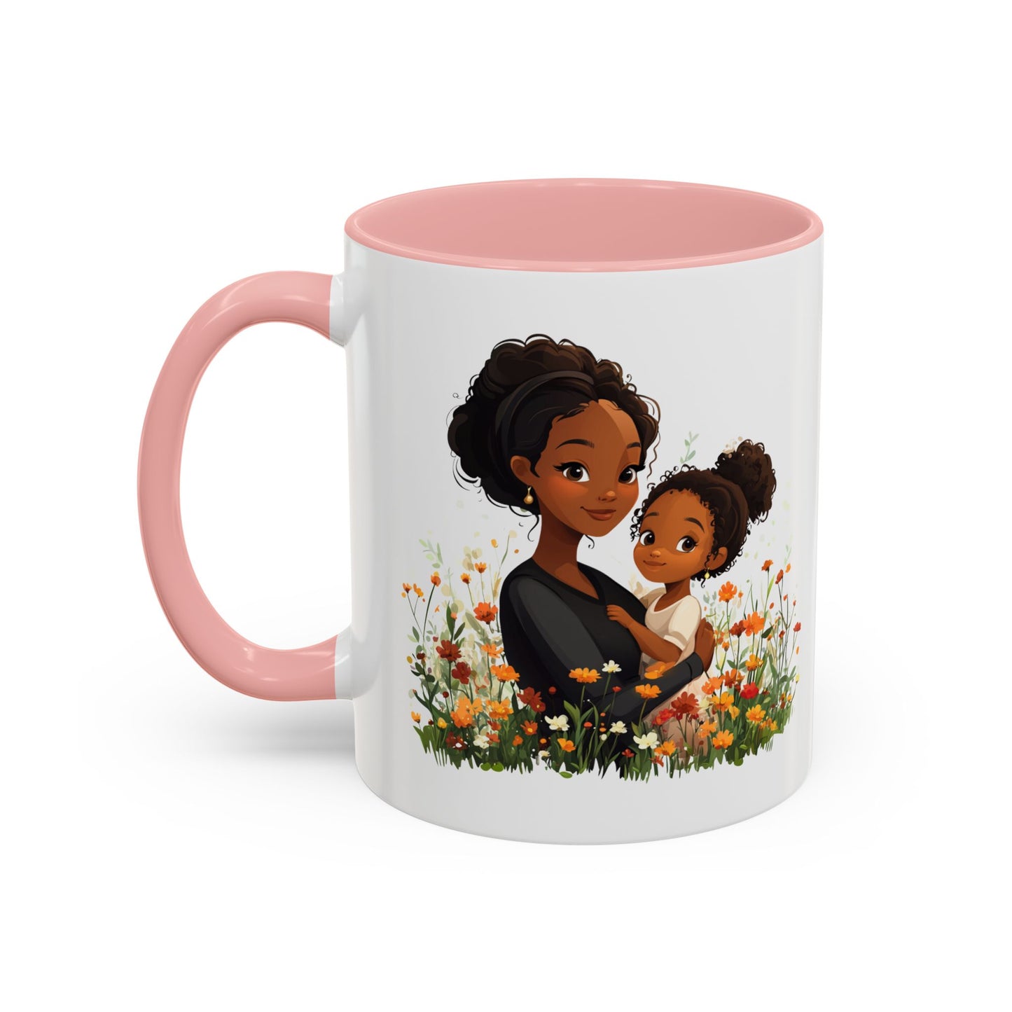 Floral Family Accent Coffee Mug, Black Handle Mug, Mama and Child Gift, Mother's Day, Cozy Home Decor, Cute Coffee Cup