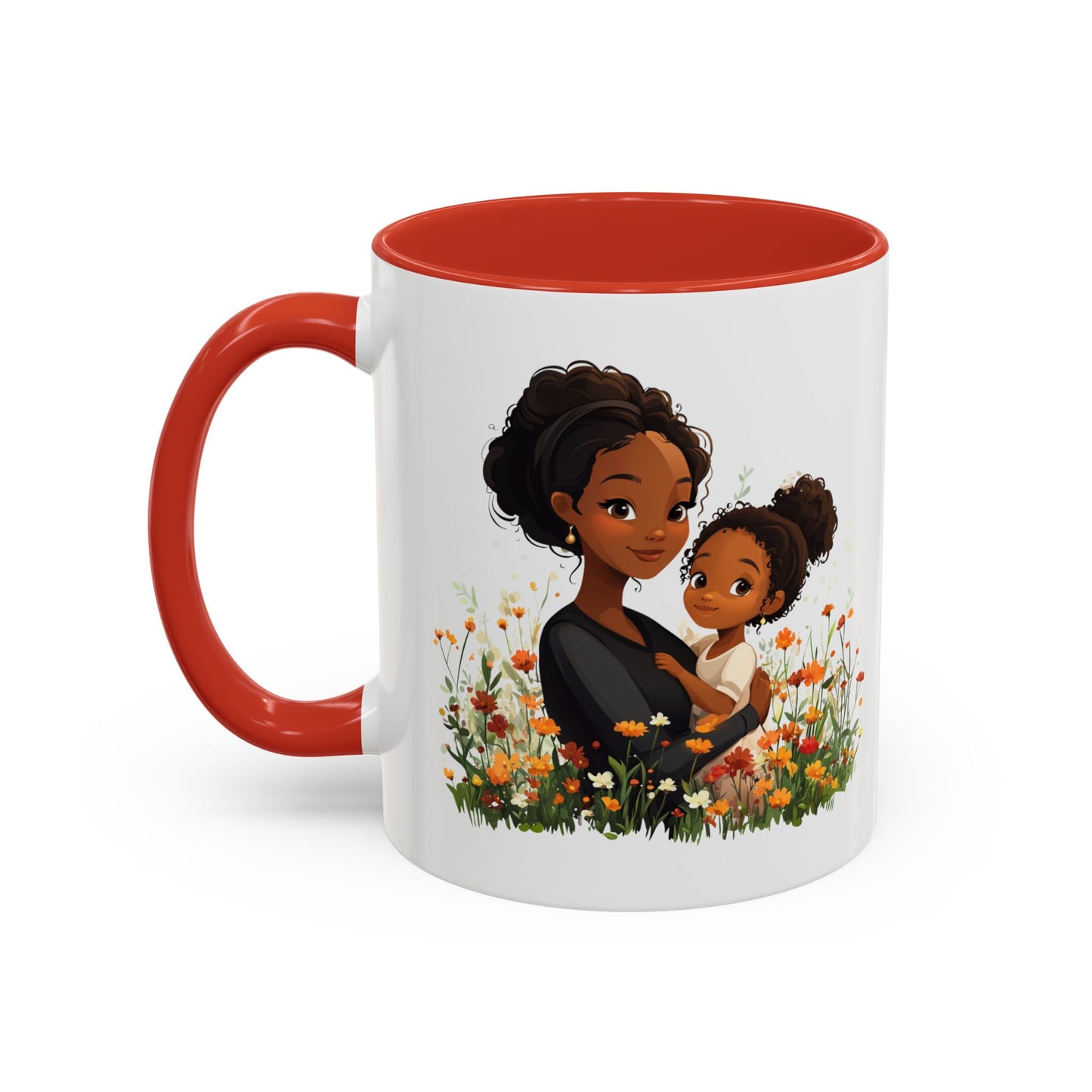 Floral Family Accent Coffee Mug, Black Handle Mug, Mama and Child Gift, Mother's Day, Cozy Home Decor, Cute Coffee Cup