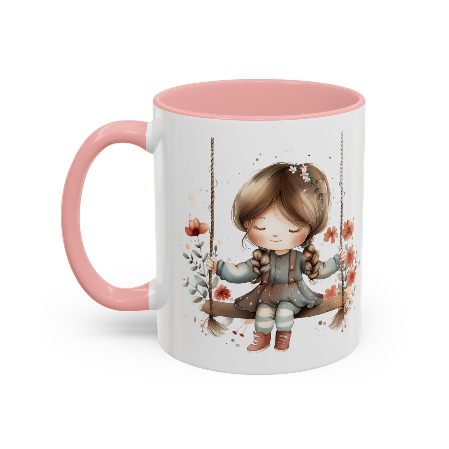 Whimsical Swinging Girl Coffee Mug - Cute Gift for Coffee Lovers, Home Decor, Spring Vibes, Floral Design, Girly Kitchen Accessory