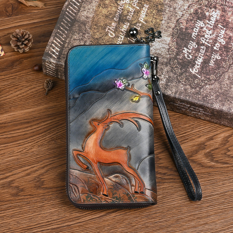 Portefeuille long à fermeture éclair Portefeuille en cuir de vachette première couche