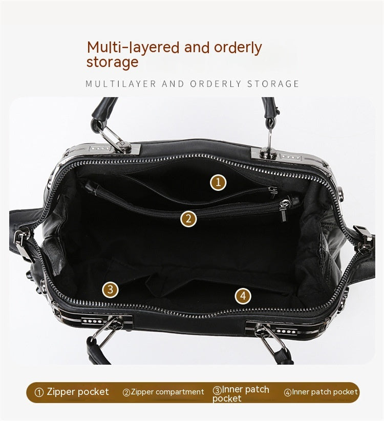 Soft Leather Fashion Bucket Portable Rivet Crossbody Bag