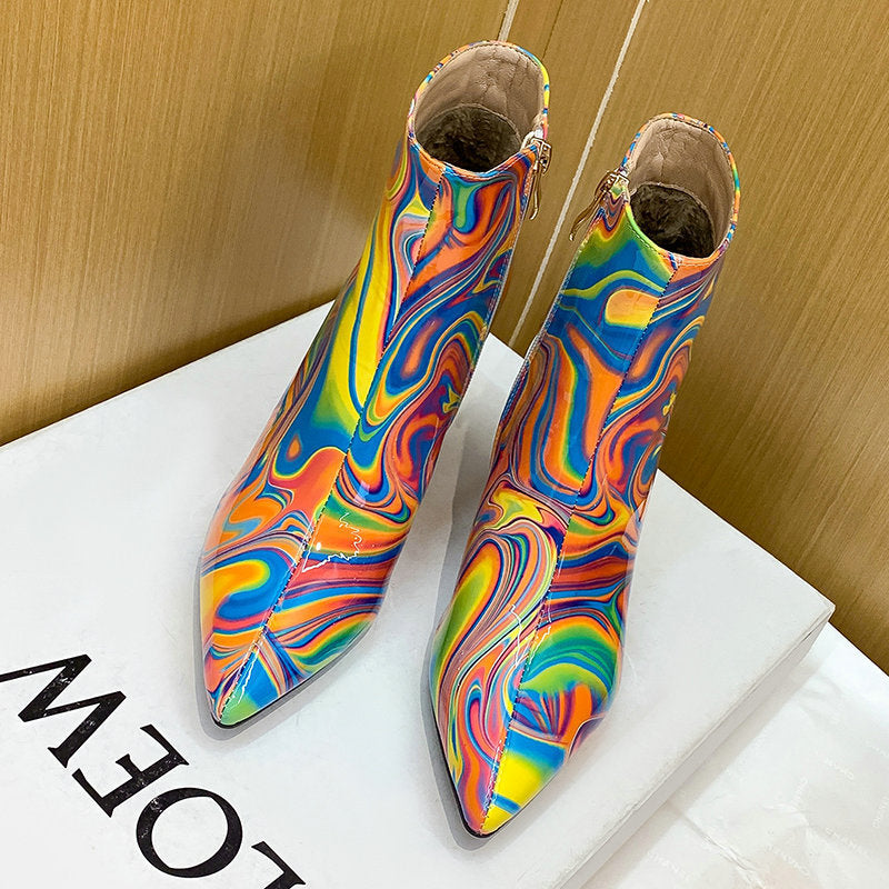 Women's Painted Patent Leather Pointed Thick High Heel Martin Boots