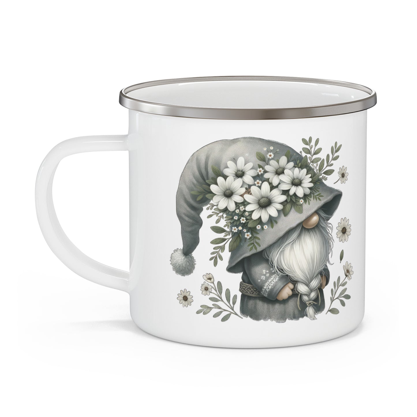 Whimsical Gnome Enamel Camping Mug | Cute Coffee Mug for Outdoors, Camping, Gifts, Garden Decor, Floral Mug, Unique Tea Cup