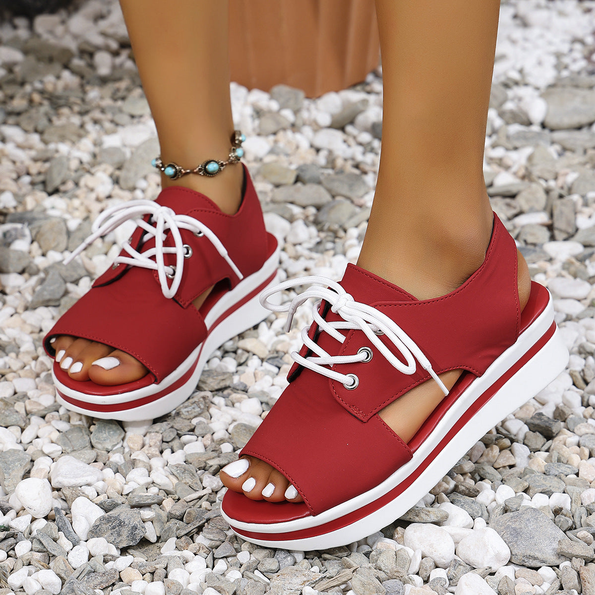 Plus Size Thick-soled Peep Toe Lace Up Casual Roman Sandals