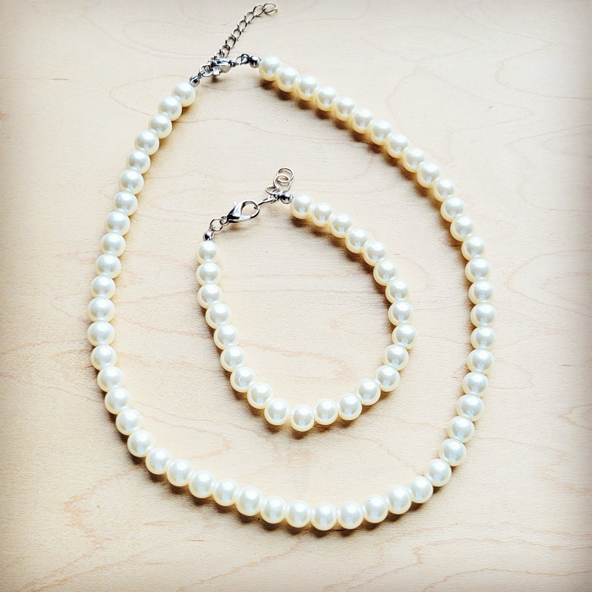 Glass Pearl Necklace & Bracelet Set Wedding Collection 259w-1