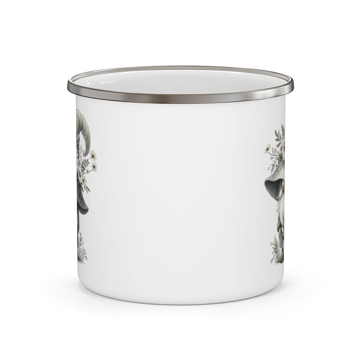 Rustic Nature Enamel Camping Mug with Gnome Design, Outdoor Adventure Gift, Coffee Mug, Travel Mug, Glamping Accessory