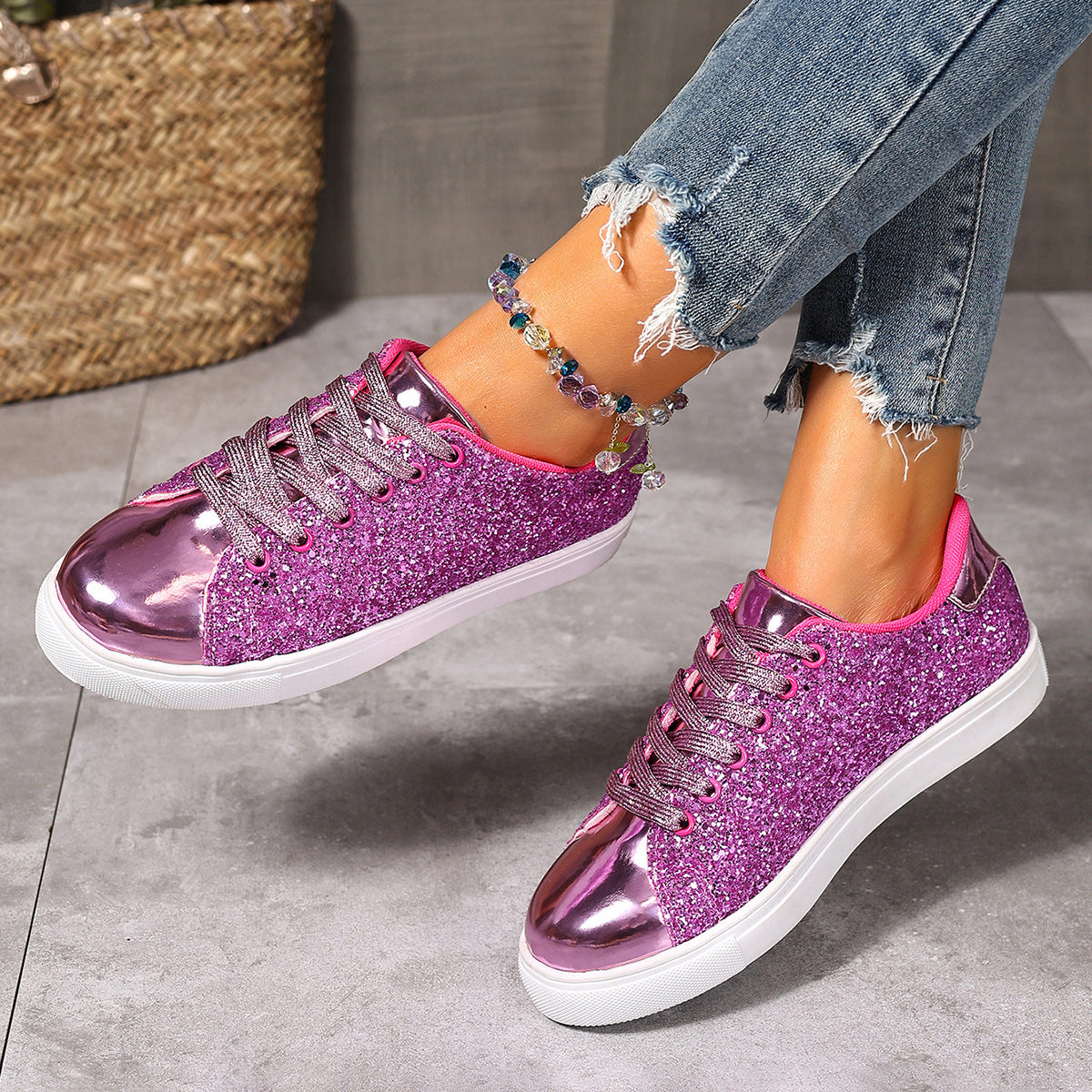 Plus Size Sequined Front Lace-up Solid Color Plus Size Board Shoes Store Hive UNIjuntos