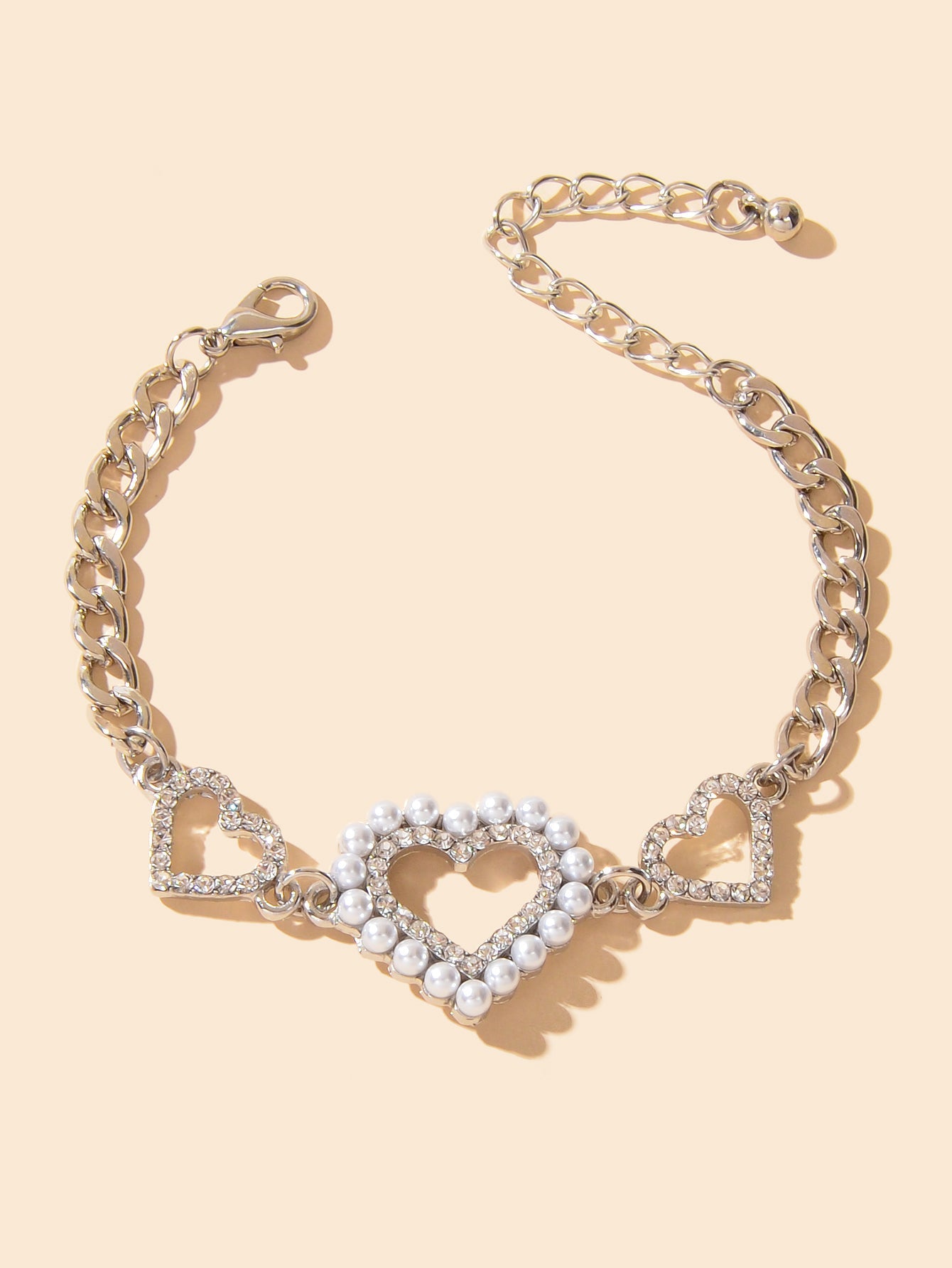 Luxurious Rhinestone Pearl Decor Heart Charm Silver Chain Bracelet for Wedding-1