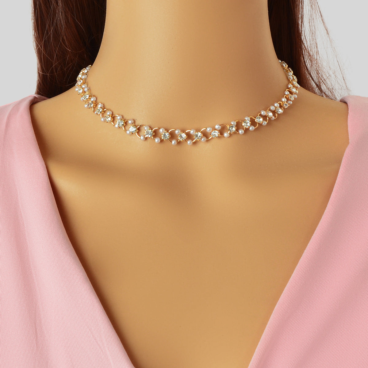 Wedding Engagement Gift Jewellery Rhinestone Pearl Decor Hollow Choker Necklace-0