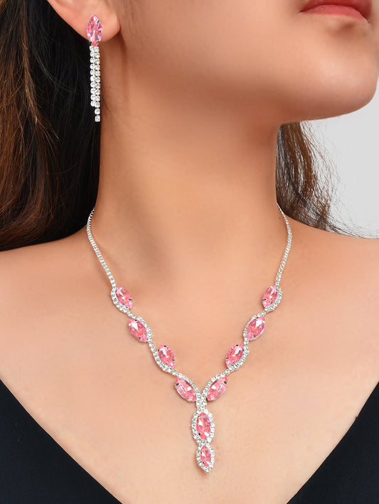 Luxurious Wedding Jewellery Set Pink Crystal Water Drop Necklace Dangle Earrings-0