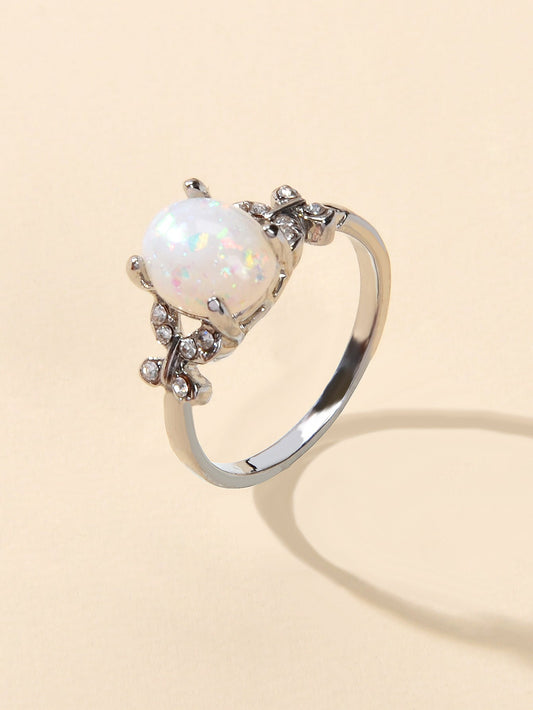 Retro Textured Jewellery Band Rhinestone Simulant Opal Butterfly Wedding Ring-0