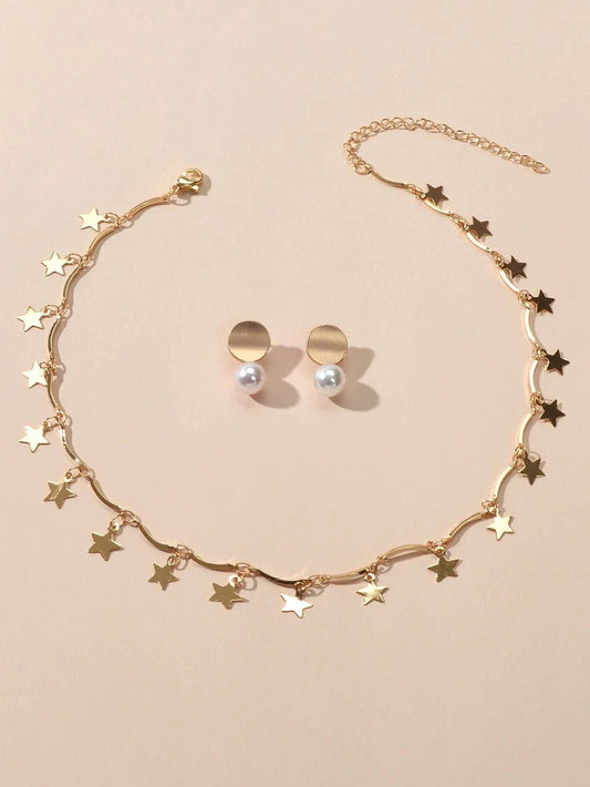 Perfect Wedding Engagement Jewellery set Star Charm Necklace Pearl Stud Earrings-0