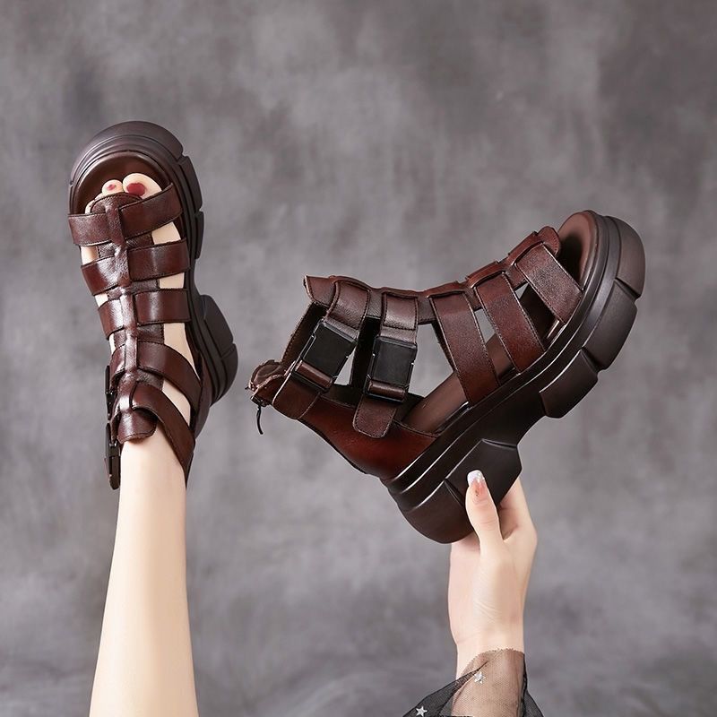 Female Leather Hollow-out Platform Retro Stylish Women's Sandals Store Hive UNIjuntos