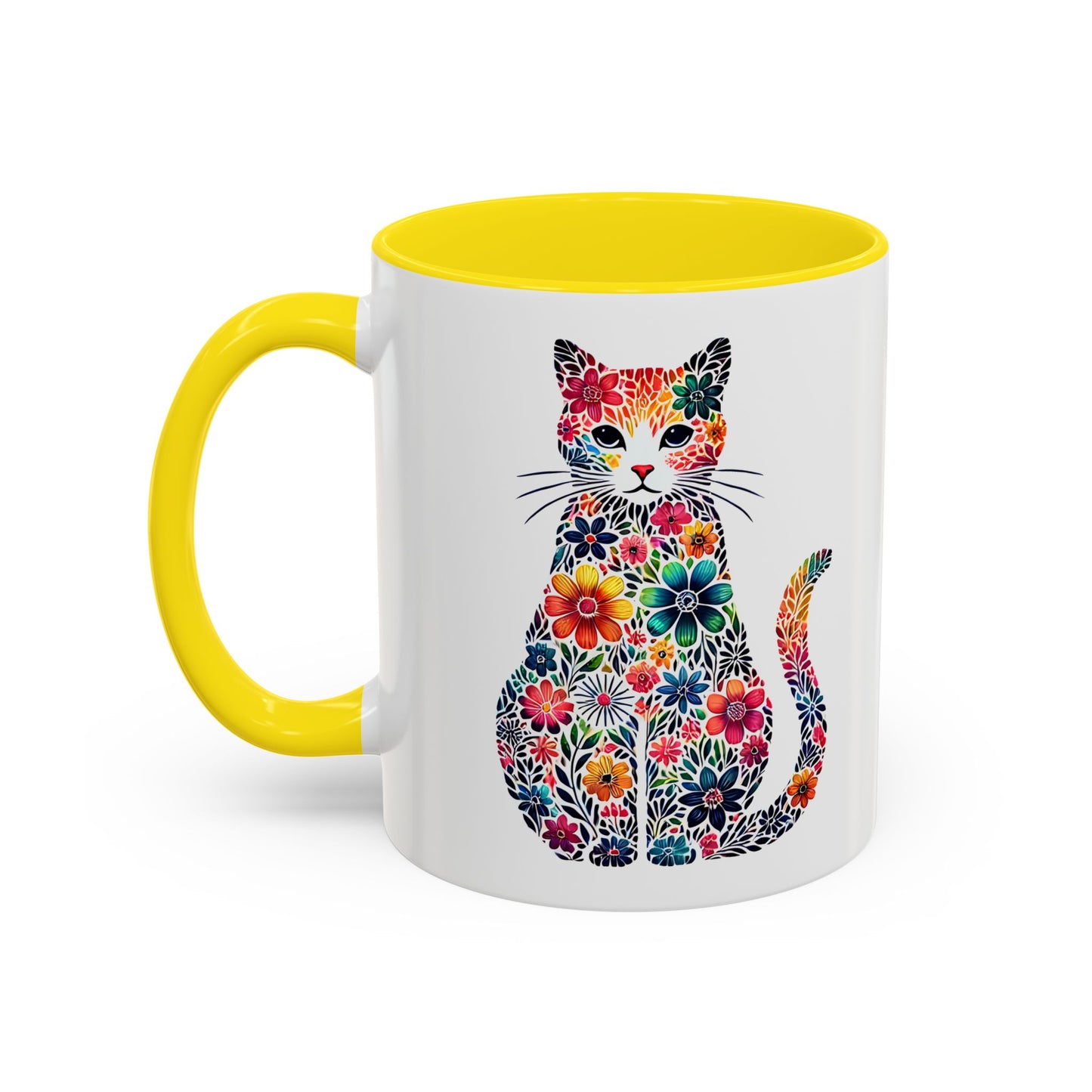 Floral Cat Coffee Mug, Colorful Cat Lover Mug, Gift for Cat Owners, Cat-Themed Kitchenware, Unique Animal Mug, Cozy Beverage Cup