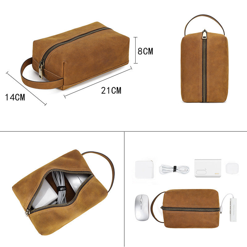 Crazy Horse Leather Digital Accessories Handheld Storage Zipper Bag
