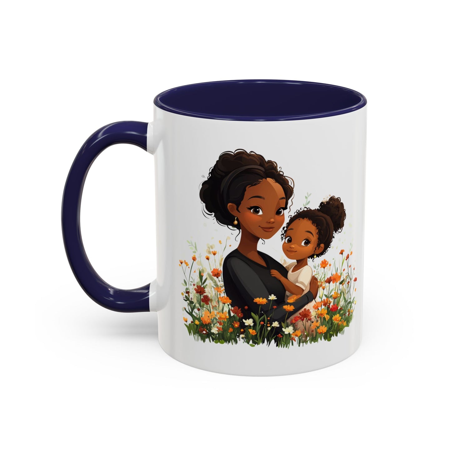 Floral Family Accent Coffee Mug, Black Handle Mug, Mama and Child Gift, Mother's Day, Cozy Home Decor, Cute Coffee Cup