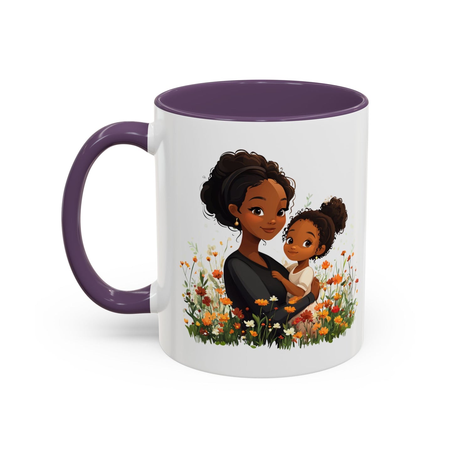 Floral Family Accent Coffee Mug, Black Handle Mug, Mama and Child Gift, Mother's Day, Cozy Home Decor, Cute Coffee Cup