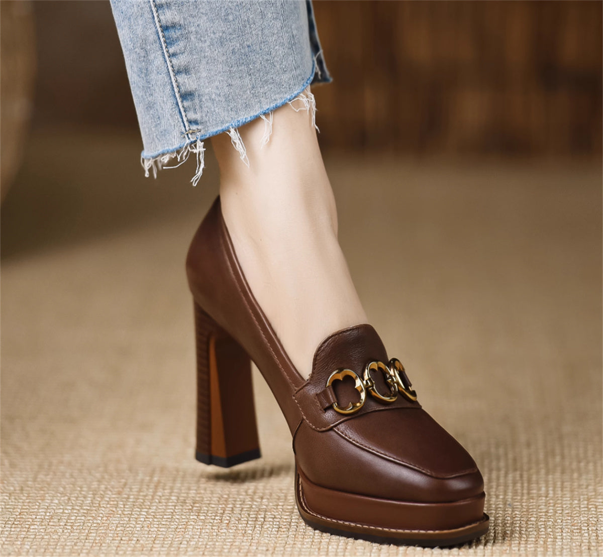 Women's Brown Thick-heeled Sheepskin Shoes