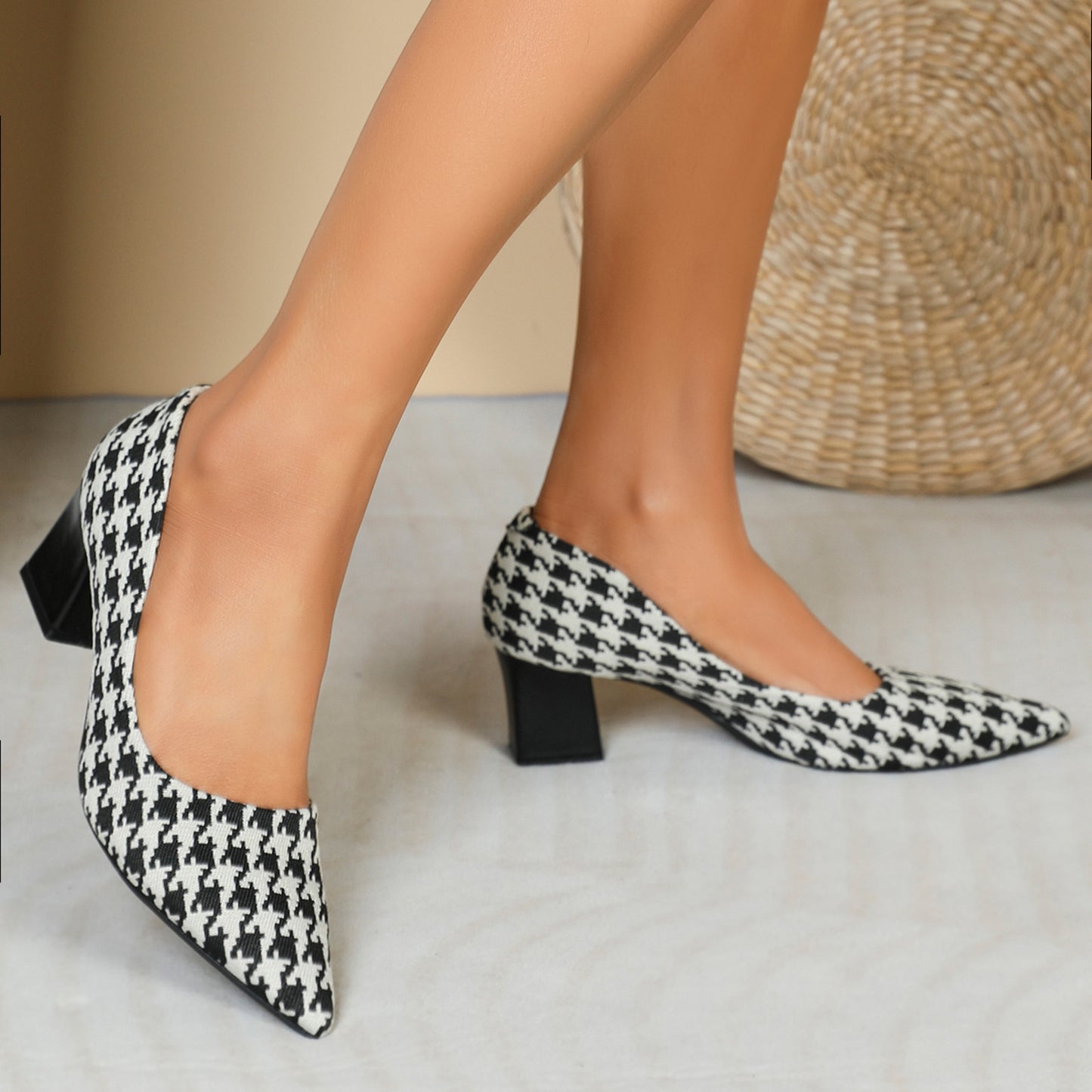 Houndstooth High Heels Women Low-cut Chunky Heel Shoes