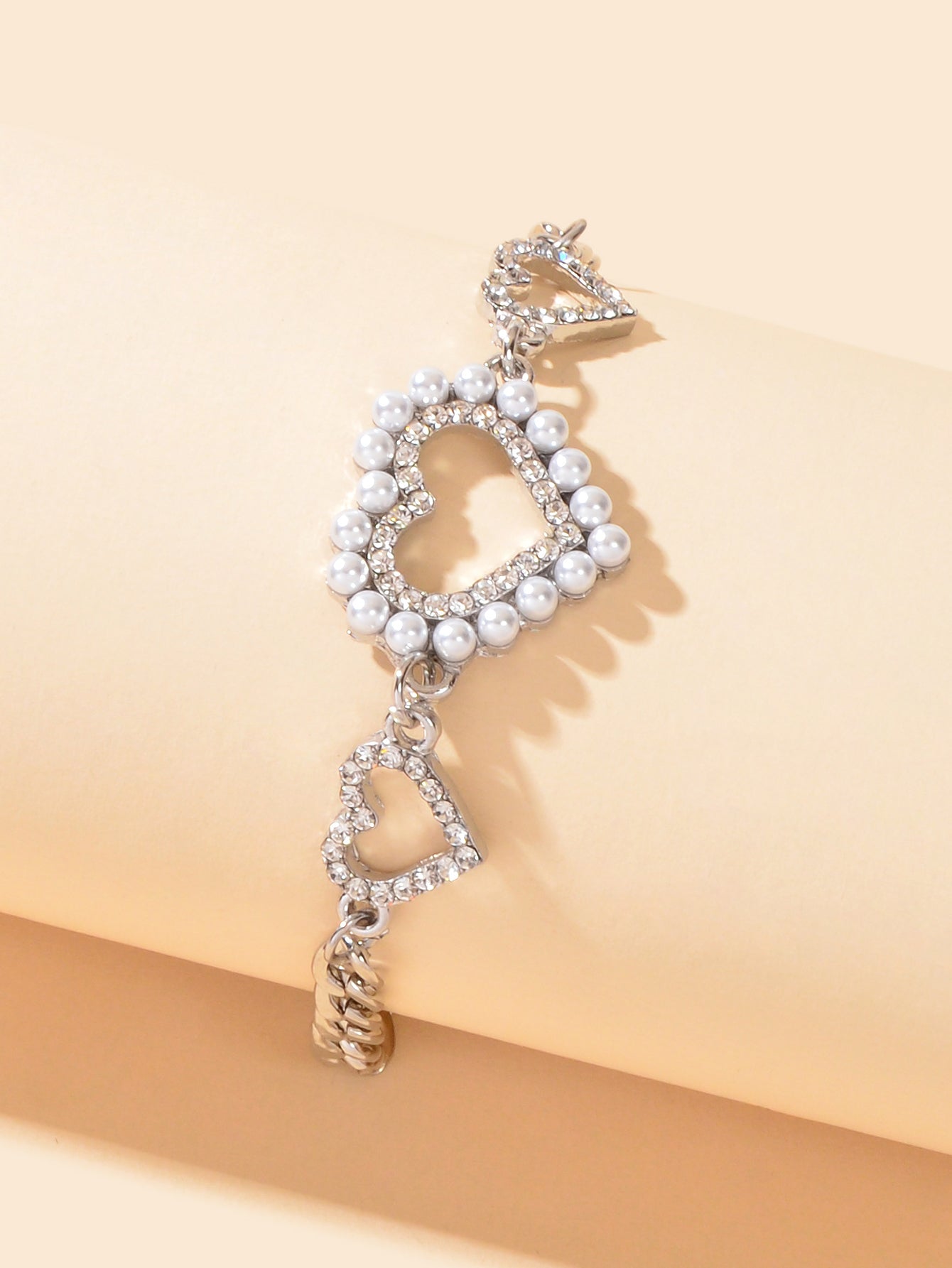 Luxurious Rhinestone Pearl Decor Heart Charm Silver Chain Bracelet for Wedding-2