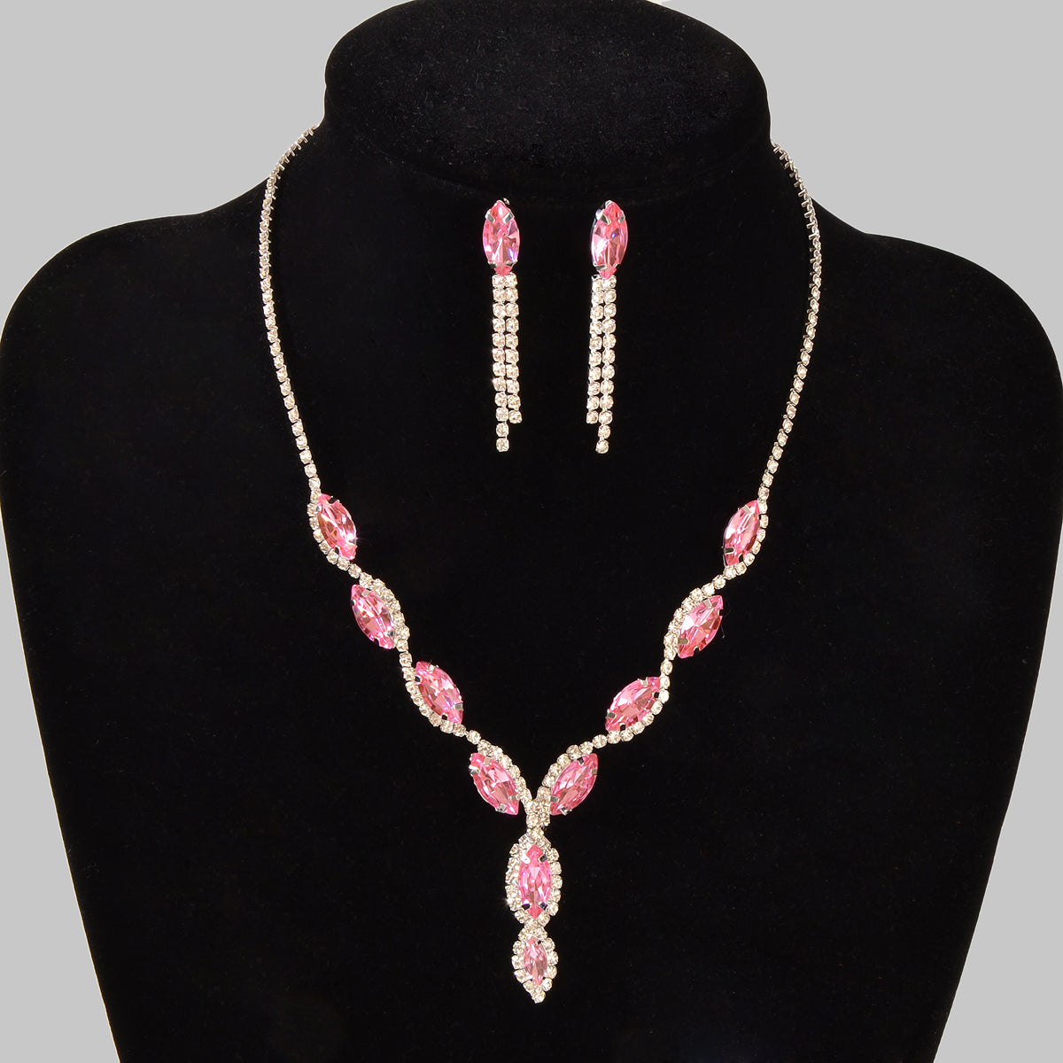 Luxurious Wedding Jewellery Set Pink Crystal Water Drop Necklace Dangle Earrings-1