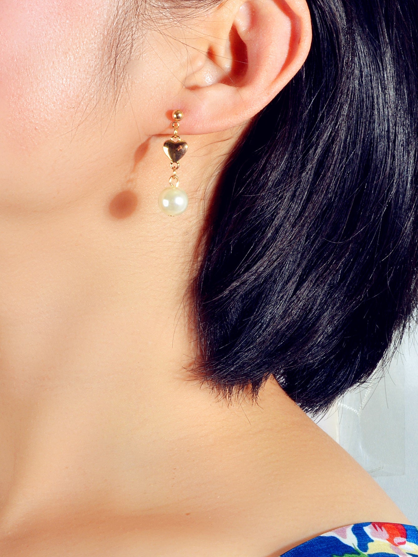 Anniversary Wedding Jewellery Simulated Pearl Decor Gold Heart Love Gift Earring-1