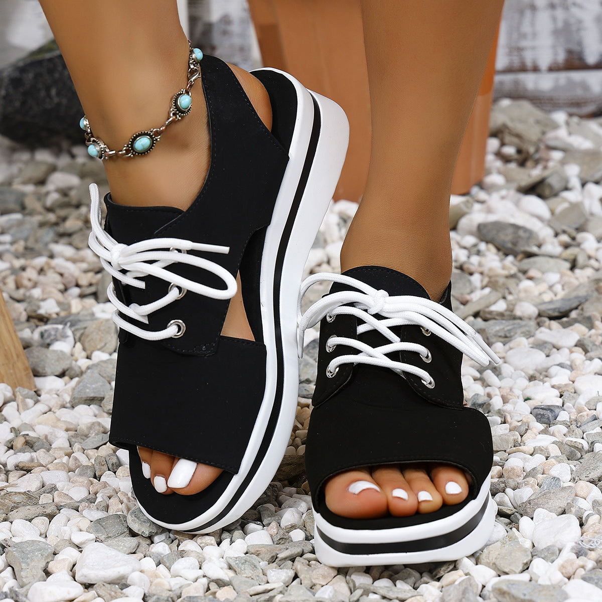 Plus Size Thick-soled Peep Toe Lace Up Casual Roman Sandals