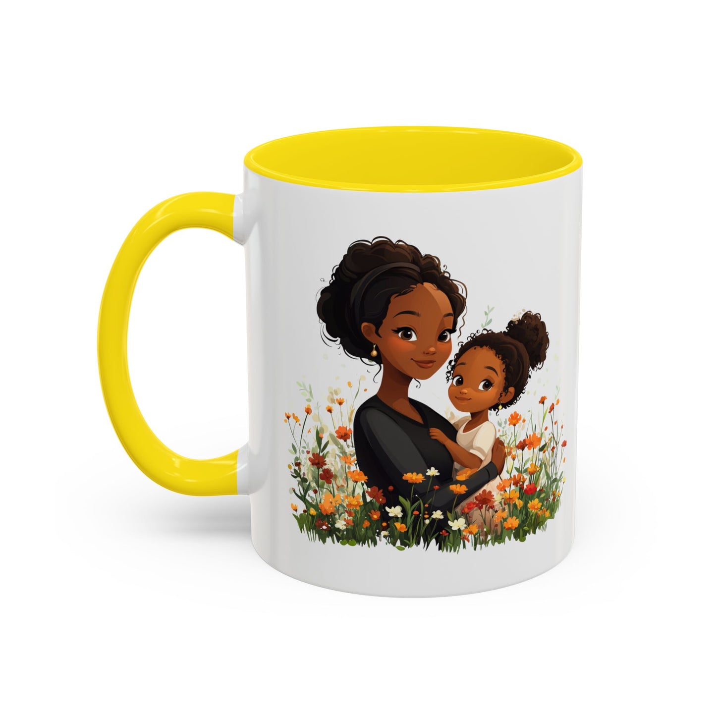 Floral Family Accent Coffee Mug, Black Handle Mug, Mama and Child Gift, Mother's Day, Cozy Home Decor, Cute Coffee Cup