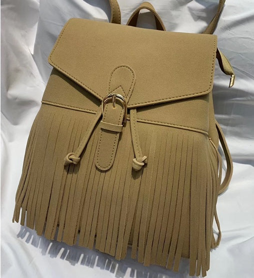 Frosted Women's Tassel Backpack Bundle Mouth Solid Color