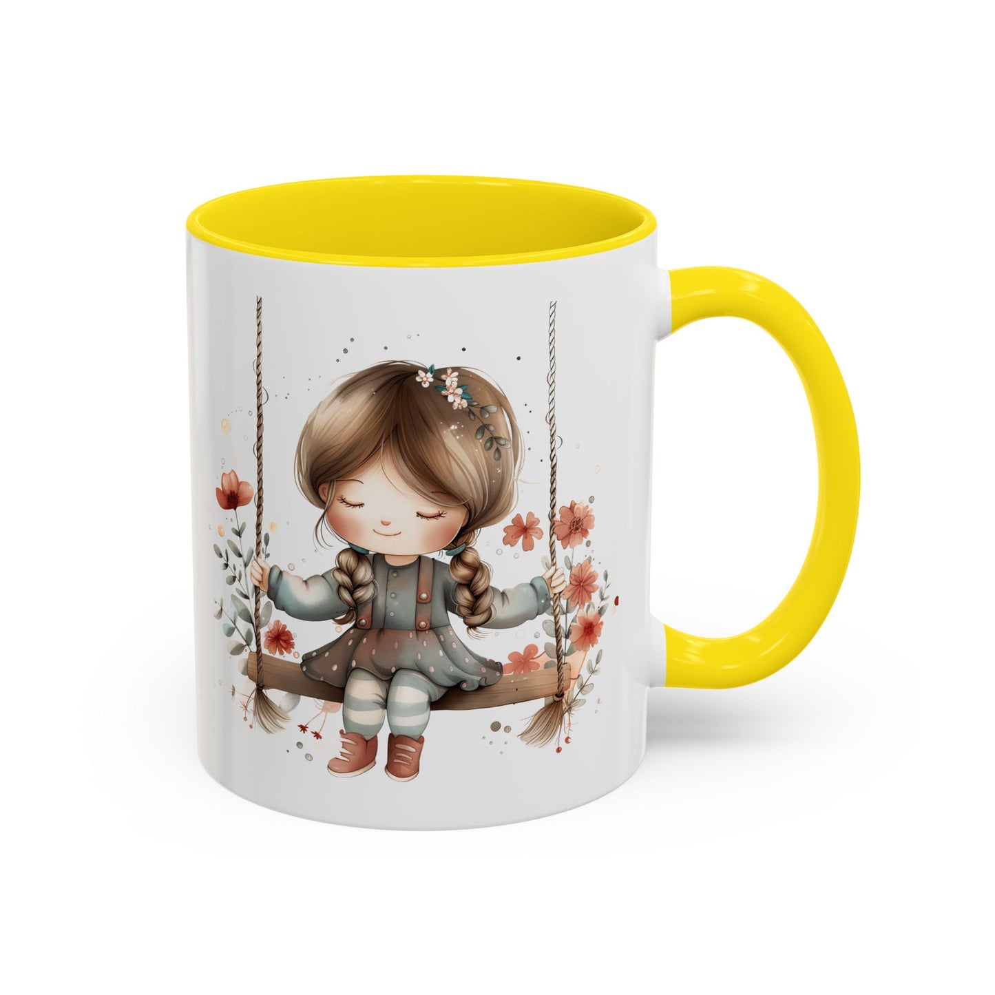 Whimsical Swinging Girl Coffee Mug - Cute Gift for Coffee Lovers, Home Decor, Spring Vibes, Floral Design, Girly Kitchen Accessory