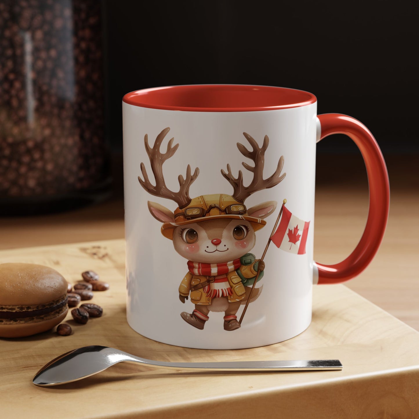 Cute Canadian Reindeer Mug, Accent Coffee Cup for Animal Lovers, Holiday Gift, Cute Kitchen Decor, Seasonal Drinkware